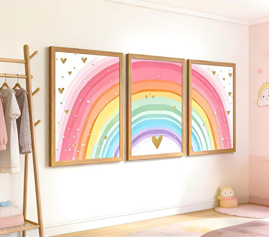 Girls Rainbow Wall Art Set of 3, Colorful Nursery Wall Decor Painting, Kids Heart Picture Poster Prints for Classroom Kids Room Baby Room Bedroom Dorm Home Decoration 12x16in Unframed