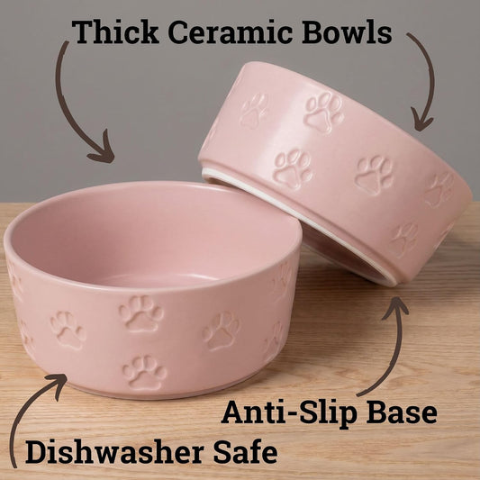 Ceramic Dog Bowl Set of 2 with Anti-Skid Base - 6.5" Wide x 2.5" Tall Ceramic Dog Bowls Medium Sized Dogs - 3.8 Cup Capacity Food and Water Bowls for Dogs - Rubber Bottom Pet Bowl Set of 2 Medium Size