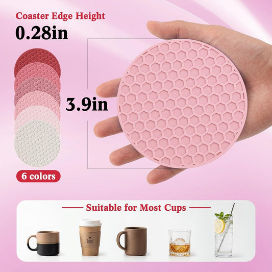 Colorful Silicone Coasters Set of 12 Multicolor Silicone Round Coasters Tabletop Protection Heat Resistant Hot or Cold Anti-Slip, Non-Stick, Anti-Overflow Tabletop Protection and Decoration(Pink)