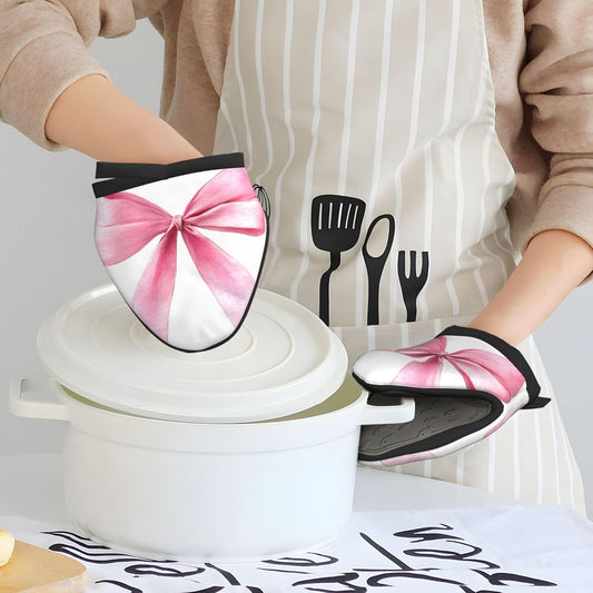 Watercolor Light Pink Coquette Bow Mini Silicone Oven Mitts Heat and Slip Resistant Kitchen Mittens,Short Oven Gloves for Safe Cooking Baking & Grill,5.9"X5.9"