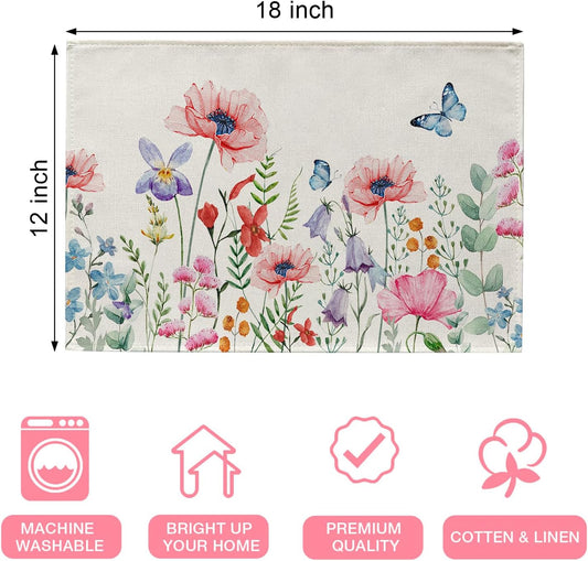 Seliem Spring Anemone Flower Placemats Set of 4, Watercolor Pink Floral Butterfly Dining Table Place Mats Home Kitchen Decor, Summer Seasonal Washable Cotton Linen Rustic Farmhouse Decorations 12 x 18
