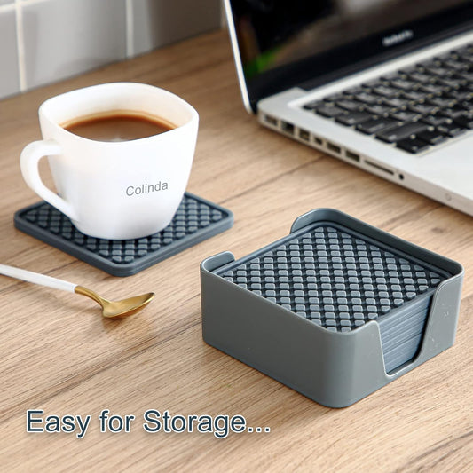 Colinda Silicone Drink Coasters with Holder, Set of 6, for Tabletop Protection and Office Desk, Cup Mat Set for Home Decor, Non-Slip and Non-Stick,Square, 4 Inch,Pink