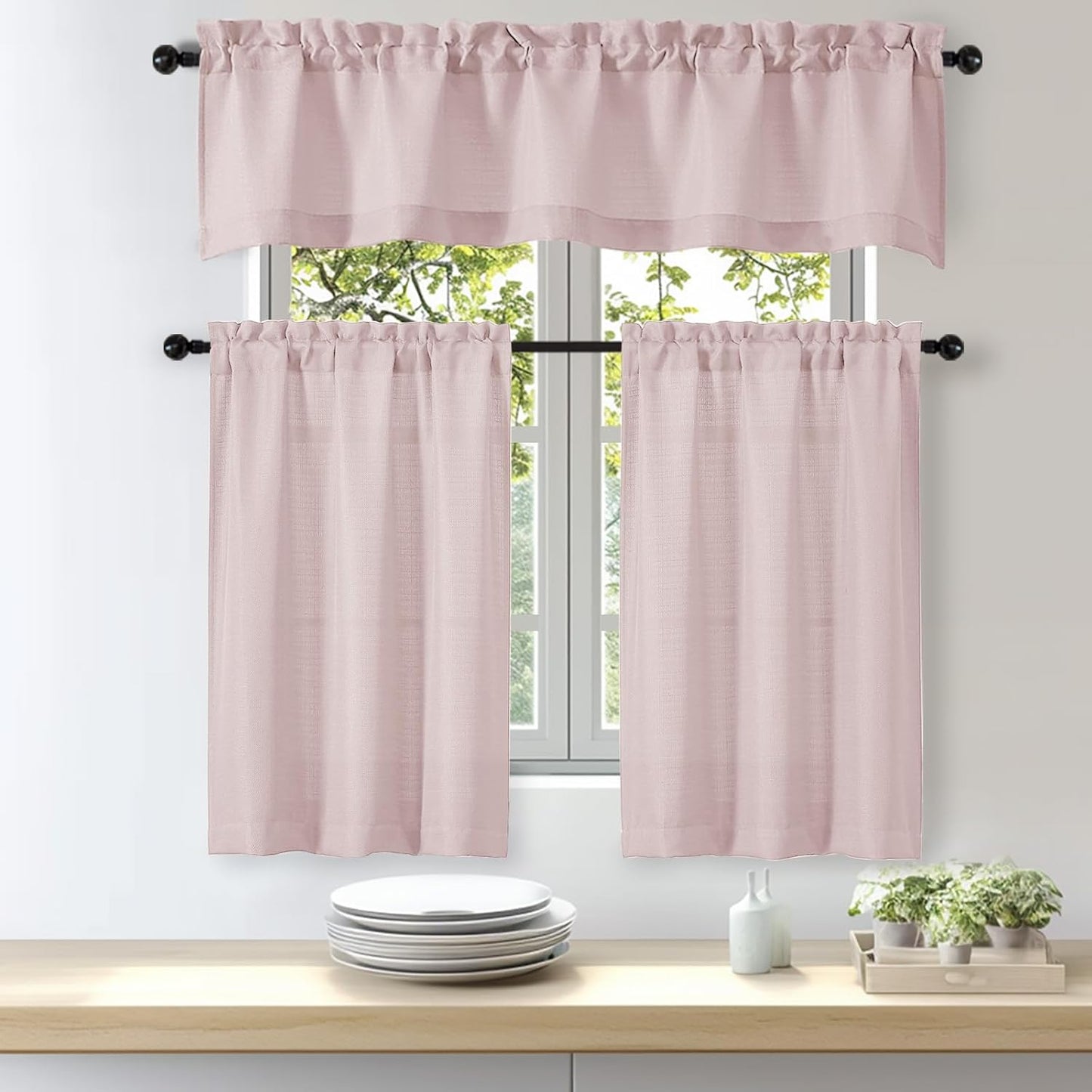 OWENIE Bob Valance Curtains 18 Inch Length 1 Piece, Faux Linen Slub Solid Blush Kitchen Valance for Bedroom Living Room, Farmhouse Soft Airy Rod Pocket Small Window Curtain, Each 60Wx18L Inch