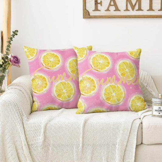 Summer Lemon Throw Pillow Covers 18x18 Inch Set of 2, Pink Citrus Decorative Pillowcases, Double-Sided Print Farmhouse Couch Cushion Covers for Sofa Bed Home Decor