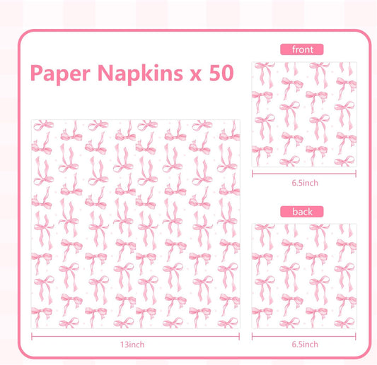 Pink Bow Party Napkins 50 Pack Coquette Bow Theme Party Decorations First Birthday Baby Shower She's Tying the Knot Bachelorette Party Bridal Engagement Decor 6.5"