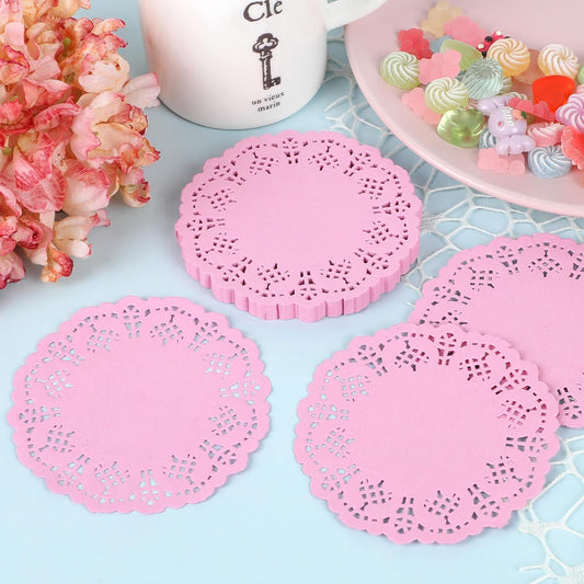 DECORA 3.5inch Round Pink Paper Lace Doilies for Wedding Tableware Decoration,100-Pack