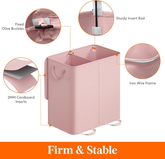 Lifewit Double Laundry Hamper with Lid and Removable Laundry Bags, Large Collapsible 2 Dividers Dirty Clothes Basket with Handles for Bedroom Laundry Room Closet Bathroom College, 136L Pink