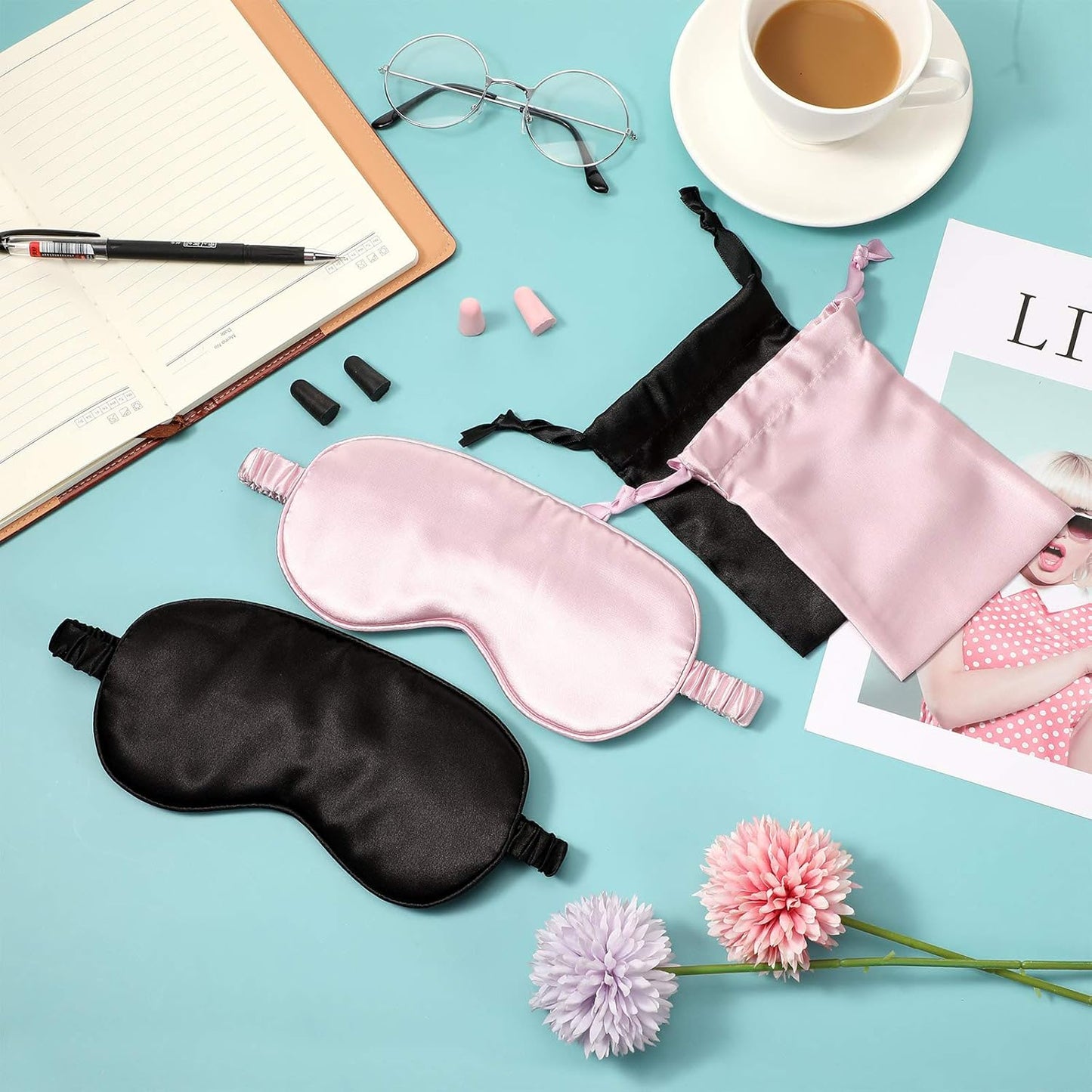 Silk Satin Sleeping Mask Eye Mask Set Include 2 Blindfold Eyeshade Elastic Strap Double Layer Silk Filling Eye Cover 2 Ear Plugs 2 Storage Bags for Women and Men Sleep Travel Nap (Black, Pink)