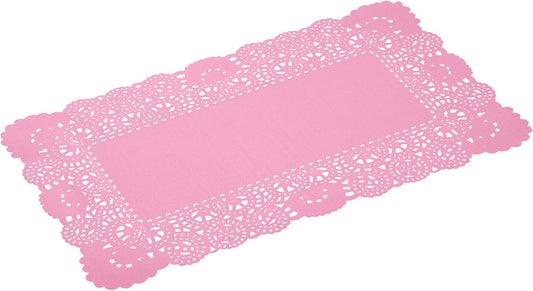 Restaurantware-Pastry Tek 12 x 7 Inch Paper Lace Doilies, 100 Rectangle Disposable Table Doilies - Elegant Lace Finish, Long Lasting, Pink Paper Lace Doilies, for Pastries, Cupcakes, Desserts