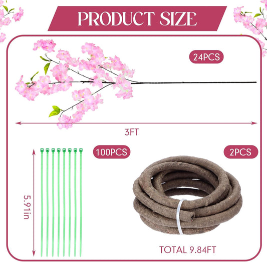 Tigeen 24 Stems Artificial Cherry Blossom Tree with 2 Vines and 100 Zip Ties Pink Blossom Tree for 3D Garden Wedding Wall Home Patio Fence Decor