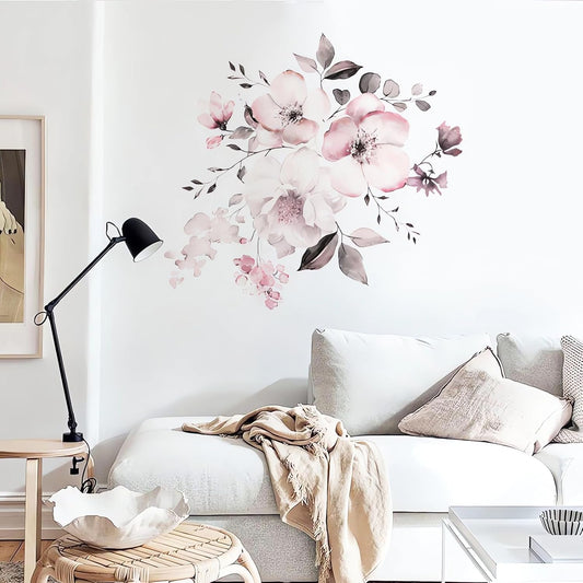 Pink Peony Rose Flower Wall Stickers, sacinora Watercolor Romantic Floral Art Wall Decals Removable Vinyl Peel and Stick for Girls Nursery Living Room Bedroom Children's Room Decorations