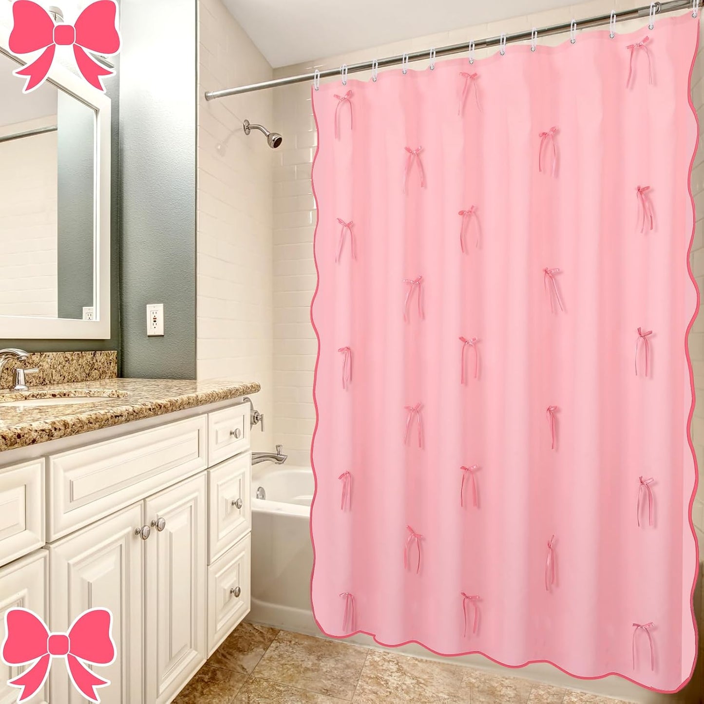 SmoothNovelty Pink Shower Curtain with Bow Bathroom Decor Cute Scalloped Bath Curtain Bowknot Waterproof Aesthetic Bathroom Decor for Valentine's Day Women Girls