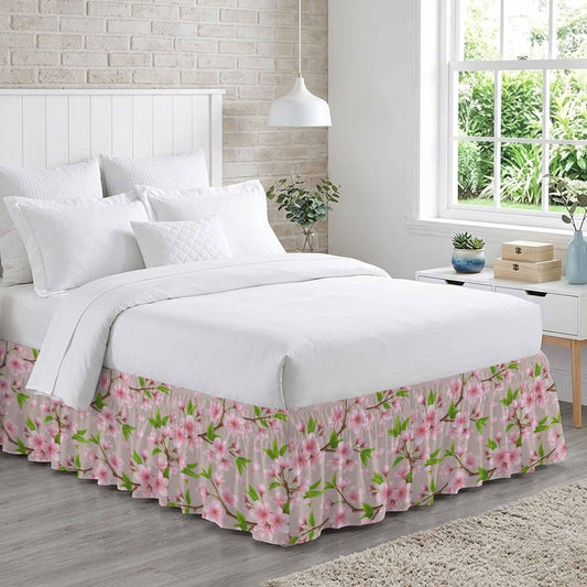 Pink Peach Flowers Bed Skirt Queen Size 16 Inch Drop, Adjustable Elastic Bedskirt Dust Ruffle for Queen Bed, Spring Botanical Watercolor Floral Brown Wrap Around Bed Skirts Pleated Bed Frame Cover