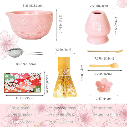 8 Pcs Matcha Whisk Set: Pink Matcha Tea Set Includes Ceramic Bowl, Whisk and Holder, Bamboo Scoop, Scoop Rest, Sifter and Tea Towel - Matcha Making Kit for Matcha Lovers