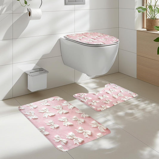 4Pcs Pink White Bow Shower Curtain Set, Vintage Bowknot Oil Painting Bathroom Curtain with Rug, Toilet Lid Cover, Bath Mat, Girly Fashion Pretty Sweet Modern Shower Curtain with 12 Hooks