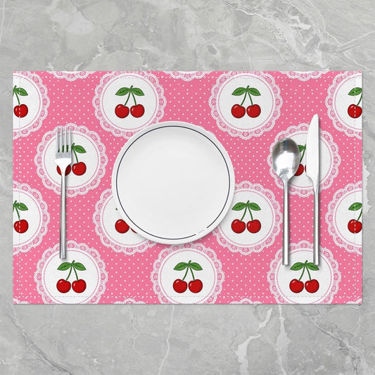 Manfei Cute Cherry Placemats Set of 4,Polka Dots Fruits Place Mats,Princess Style Placemat for Kitchen Dining Table Peach Pink Table Mats Indoor Outdoor 18"x12"