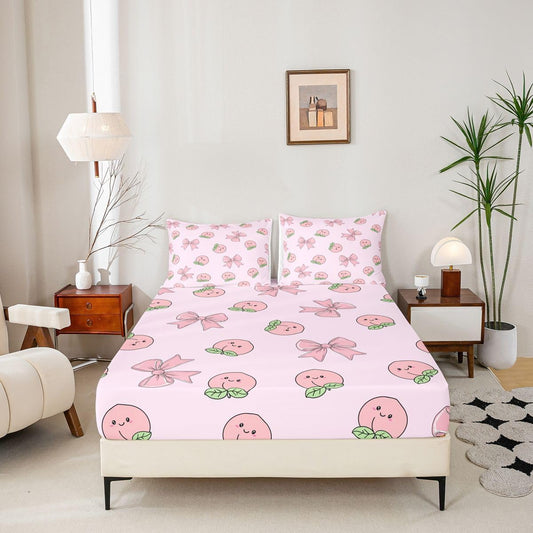 Erosebridal Bowknot Fitted Sheet Full Size Peach Bed Sheets Cute Cartoon Peaches Kawaii Pink Bow Bedding Set for Kids Boys Girls Fruit Princess Ribbon Bowtie Sheets