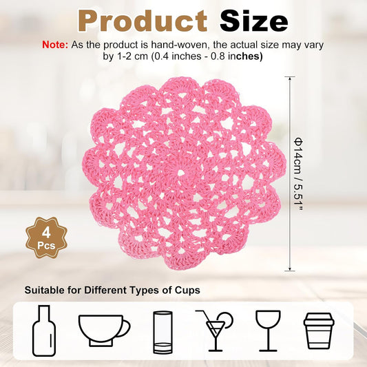 uxcell 4Pcs Crocheted Cotton Doilies, 5.5" Lace Doilies for Tables Cloth Lace Placemats Handmade Tray Doilies Round Cups Coasters for Glasses Crafts Kitchen Dining Room, Dark Pink
