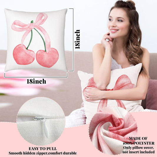 Mixweer 4 Pcs 18 x 18'' Coquette Pillow Covers Pink Bow Pillow Covers Watercolor Aesthetic Room Decoration for Bedroom Livingroom Bedroom Decor