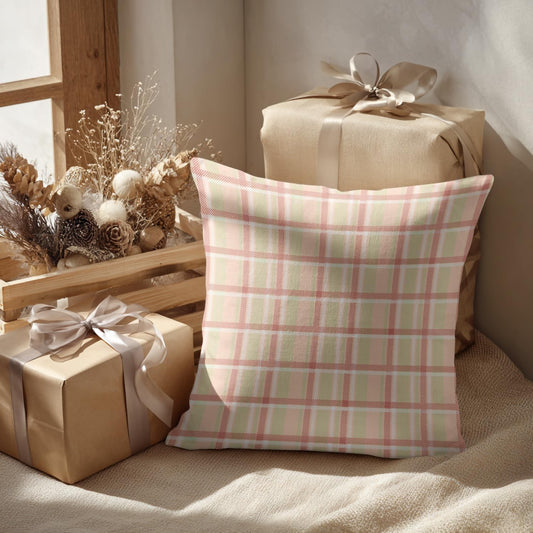 Batmerry Pastel Coral Peach Throw Pillow Covers, Pink Tartan Plaid Abstract Apricot Decorative Pillow Covers Digital Printing Blended Fabric for Couch Sofa Bed Invisible Zipper 24X24 in(Set of 2)
