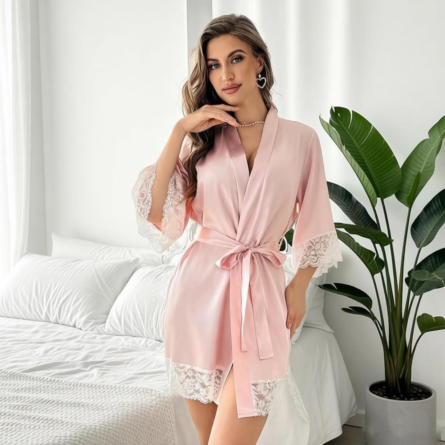 Womens Silk Robe Short Lace Trim Satin Robe 3/4 Sleeve Sexy Kimono Bride Bathrobe Comfy Sleepwear