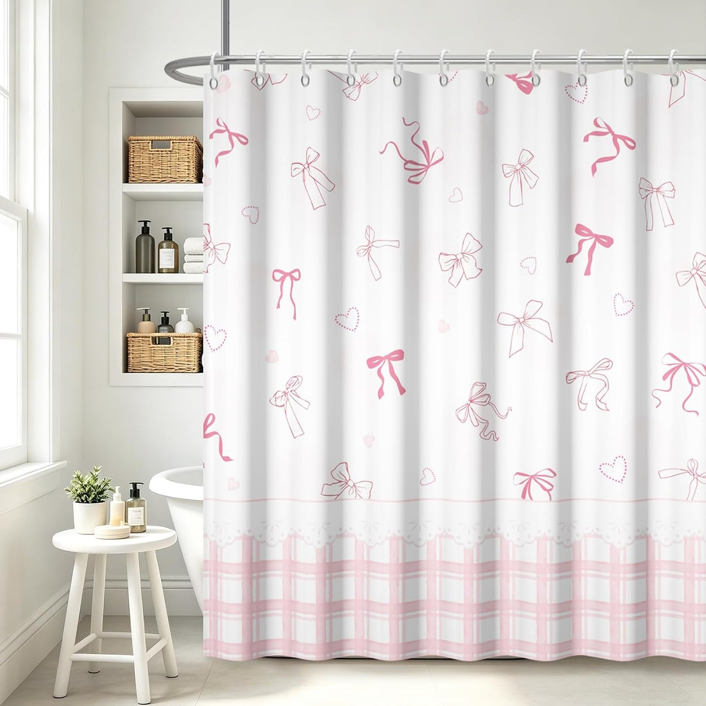 Cute Bow Shower Curtain Pink Striped Gingham Girly Shower Curtain Set for Bathroom Sweet Heart Plaid Modern Waterproof Fabric Bath Curtains with Hooks for Women Girls 72 X 72 Inch