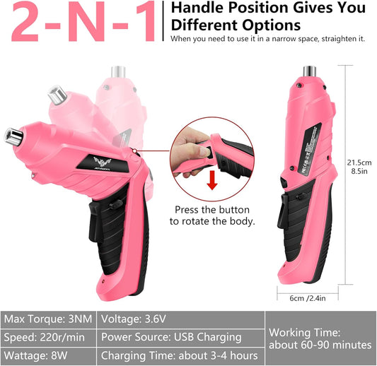 JENABOM Cordless Electric Screwdriver Set 3.6V Rechargeable Small Power Drill, 3Nm Screw Gun with 2 Position Handle, LED Light, 14 in 1 Driver Bit Set, Pink & Black