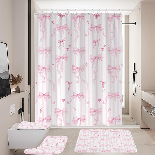 Coxila 4 PCs Pink Bow Bathroom Set with Shower Curtain 60x72 Inch, Girls Bath Decor for Kids Room, Aesthetic Preppy Print, Includes Non-Slip Bath Mat U-Shaped Rug and Toilet Lid Cover, 12 Hooks