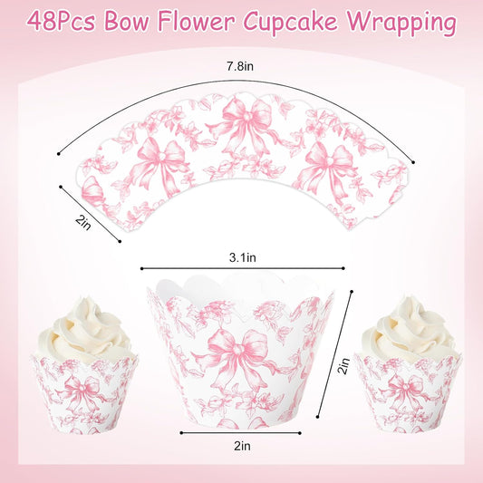 Whaline 48Pcs Pink Floral Bow Cupcake Wrappers Paper Cupcake Liners Chinoiserie Flower Bow Decorative Dessert Holders for Birthday Baby Shower Wedding Party Supplies