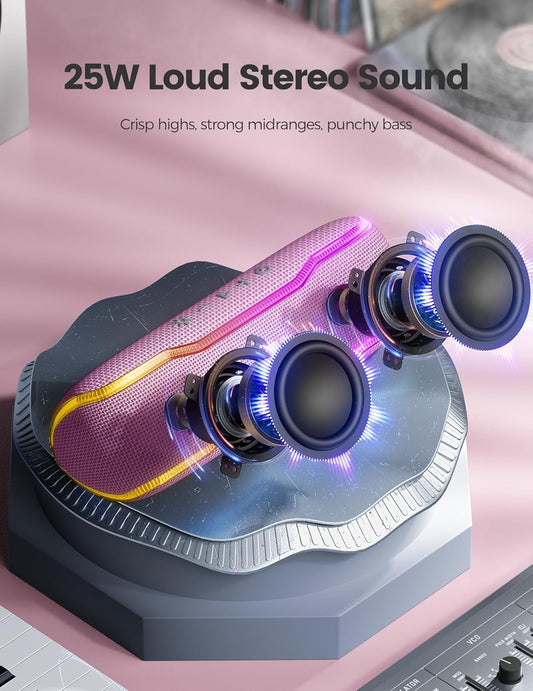 ERKEI SEHN Bluetooth Speaker, IPX7 Waterproof Wireless Speakers, Flashing Light, 25W Super Bass, 24H Playtime, Graduation Birthday Gifts for Him, TWS Pairing, Beach Essentials, Pink