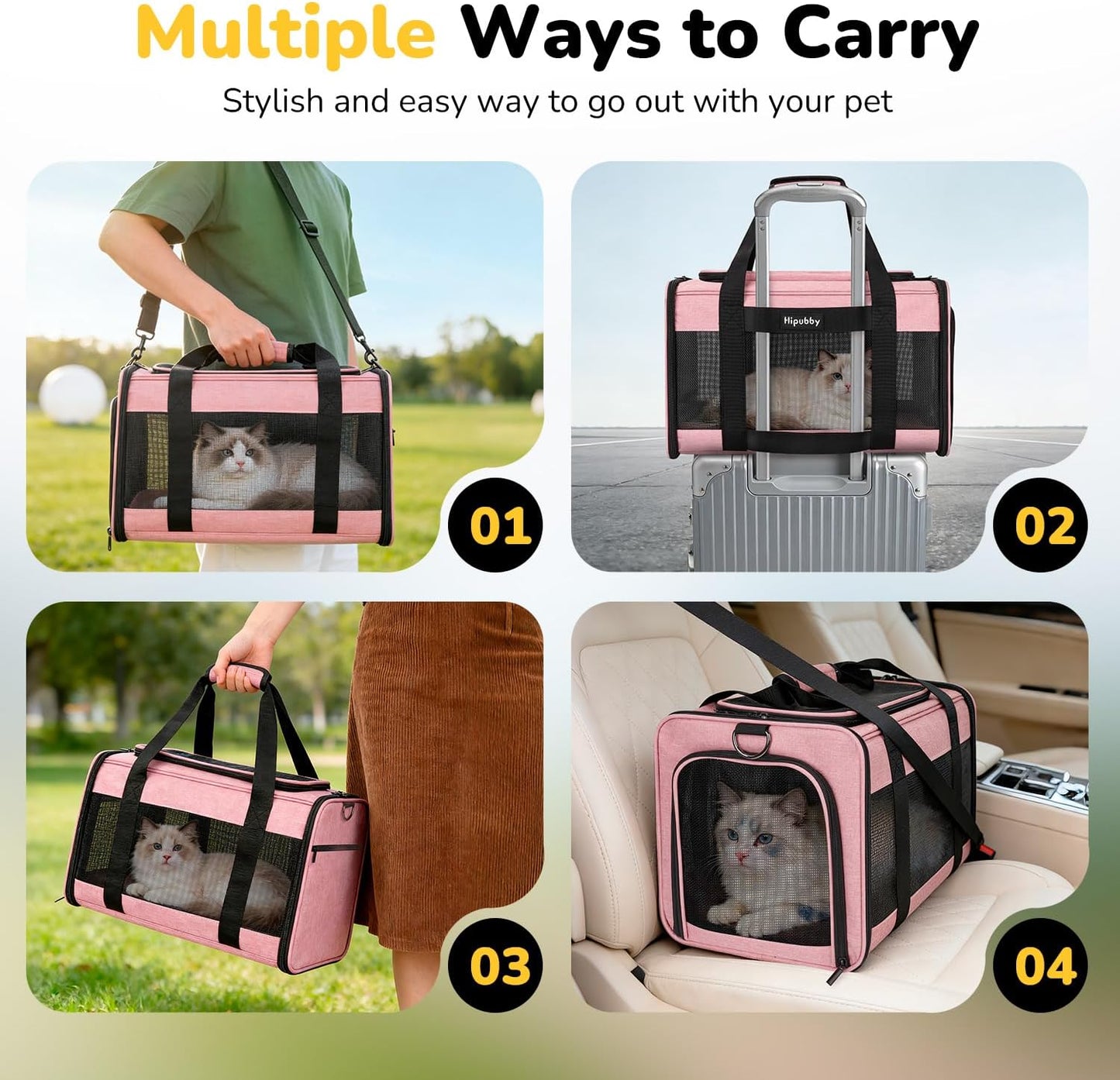 Hipubby Cat Carrier Dog Carrier for Pets Up to 16 Lbs, Soft-Sided Pet Travel Carrier for Cats and Small Dogs, Airline Approved Pet Carrying Case with Shoulder Strap & Removable Mat - Pink