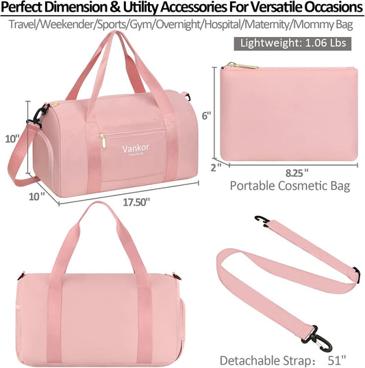 Vankor Small Gym Bag for Women with Shoe Compartment, Waterproof Sports Duffle Bag for Travel Carry on Duffel, Weekender Beach Yoga Workout Overnight Mommy Maternity Hospital Bag Pink 17.5 inches