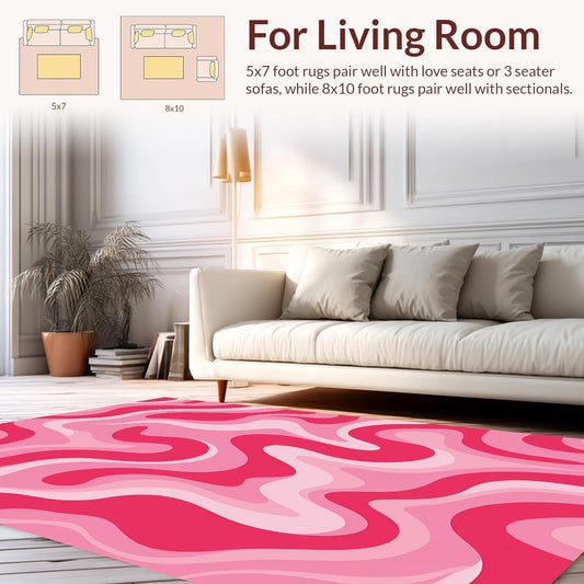 Flatwoven Area Rug 4x6 ft, Abstract Coral Wave, Non Slip, Stain Resistant, Washable High Traffic Area Rugs for Living Room, Bedroom Decor