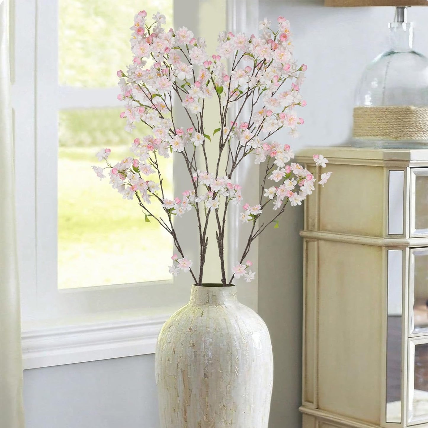 CISDUEO Cherry Blossom Branches Long Stem Artificial Flowers for Tall Vase Silk Flower Bulk White and Pink Plum Blossom Flowers for Indoor Home Decor Bedroom Floral Arrangement Table Centerpieces