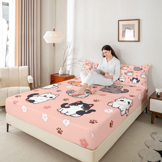 Homewish Cute Cat Fitted Sheet Kawaii Animals Paw Bed Cover,1 Fitted Sheet+2 Pillowcases(No Flat Sheet) Japanese Style Bed Cover Room Decor Queen Peach Pink