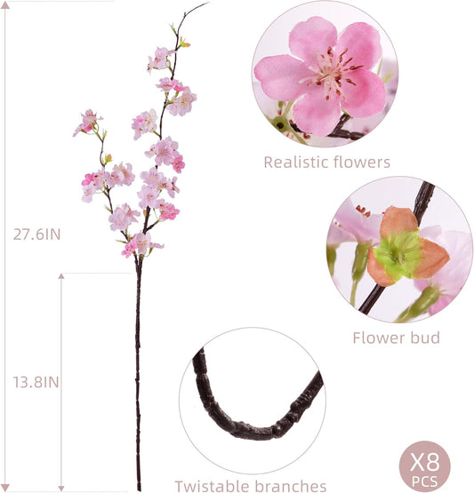 Artificial Cherry Blossom Branches 27.6In Silk Cherry Blossom Branches Long Stem Artificial Flowers for Tall Vase, for Home Decor, Weddings Decor, Parties & Festival Gifts 8PCS ๏ผPinkish White
