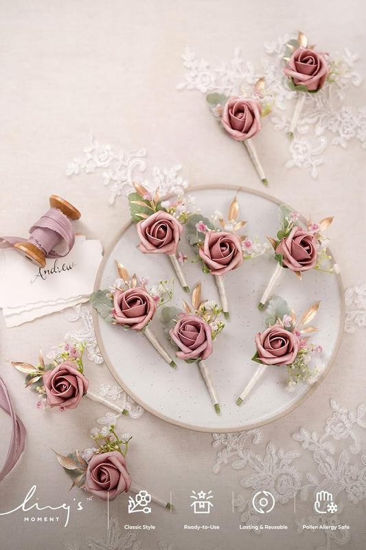 Ling's Moment Boutonniere for Men, 10pcs Groomsmen Guest Boutonniere, Artificial Flowers for Wedding Décor/Prom/Homecoming,etc.Dusty Rose Pink