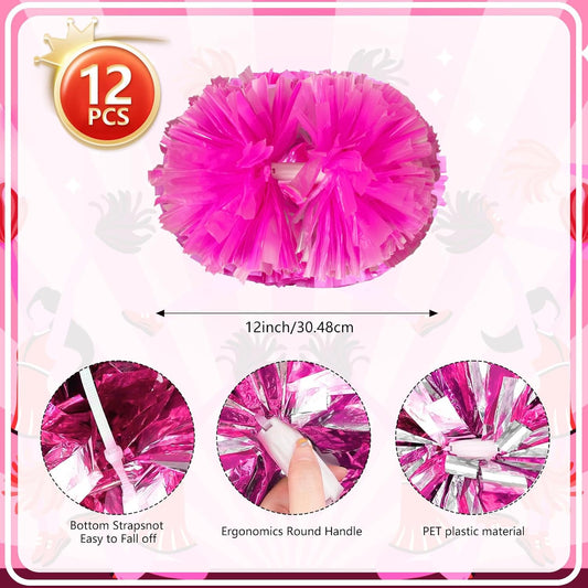 12 Pcs Metallic Cheerleading Pom Poms, 12Inch Cheerleader Pompoms with Baton Handle, Cheerleading Flower Ball for School Team Sports Games Dance Cheering Cheer Pom Poms for Kids Adults