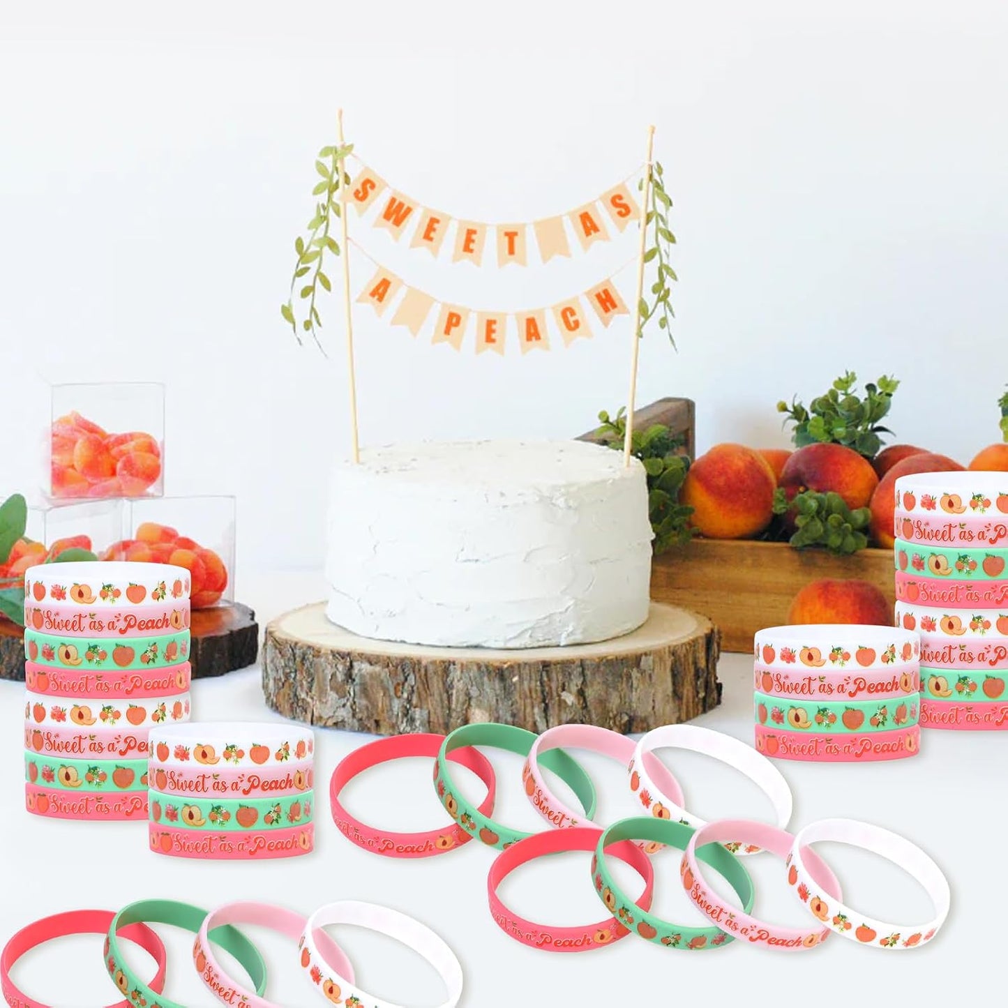 Serencatcher Sweet As a Peach Party Favors Bracelet, 24pcs One Sweet Peach Birthday Decorations Silicone Bracelets Peach Baby Shower Birthday Party Gift for Guest