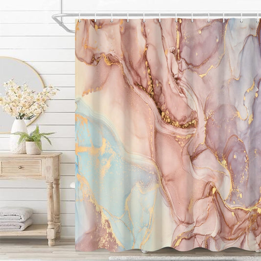 Abstract Pink and Blue Marble Bathroom Shower Curtain Gradient Watercolor Gold Sand Waterproof Shower Curtains with Hooks Modern Art Aesthetic Shower Curtain for Girls Bathroom, 48x72 Inch