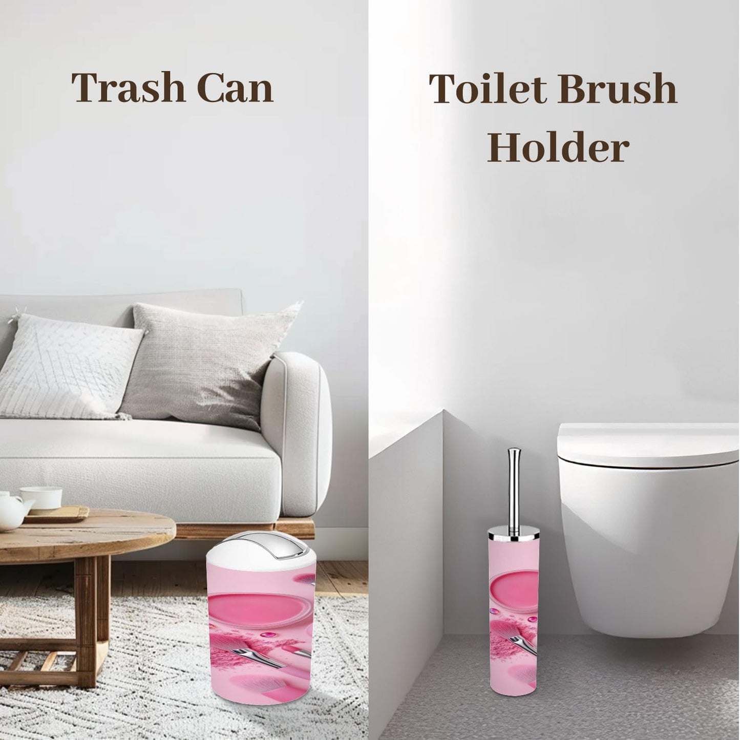 Bathroom Accessory Set 6PCS Pink Makeup Collection Brushes Powders Lipstick Trash Can, Soap Dispenser, Toothbrush Holder, Toothbrush Cup, Toilet Brush Holder, Soap Dish for Gifts