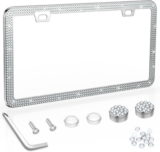 QiqaMole 2 Pack License Plate Frame Include 1 Silicone License Plate Frame and 1 Crystal License Plate Cover with Rhinestone Crystal Diamond Screw Set Car Bling License Plate Frames (Pink + White)