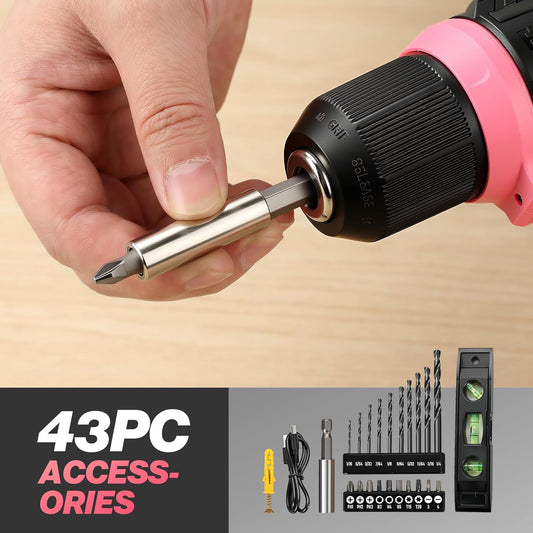 GRENPRO 8V Cordless Drill, Power Drill Set with 43pcs Accessories, 3/8" Keyless Chuck, Built-in LED, Type-C Charge Cable, Pink Drill Set for Women, Drilling & Screw Tightening/Loosening, Home DIY