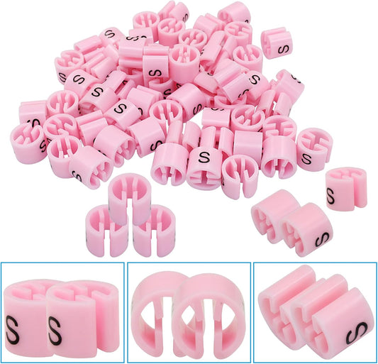 100Pcs Pink Clothes Hanger Marker Clothing Colored Tag Buckle, Plastic Garment Size Markers for Clothing Hangers, S Size Tags