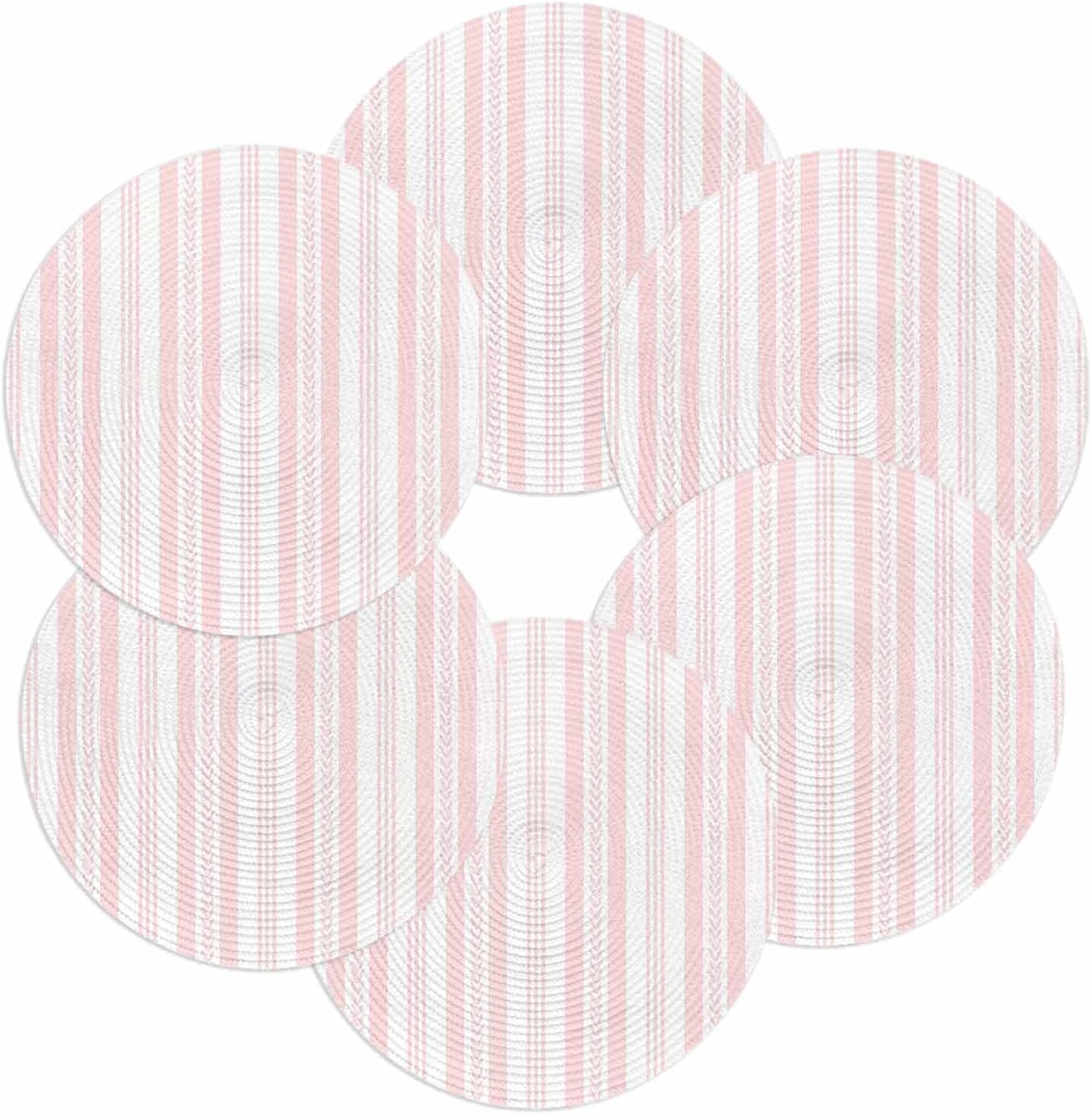 Round 13'' Placemats Set of 6, Pink Line Striped HeatResistant Polypropylene Placemats, Farmhouse Modern Geometric Stripes Washable Braided Place Mats for Dining Table, Non Slip Kitchen Table Decor