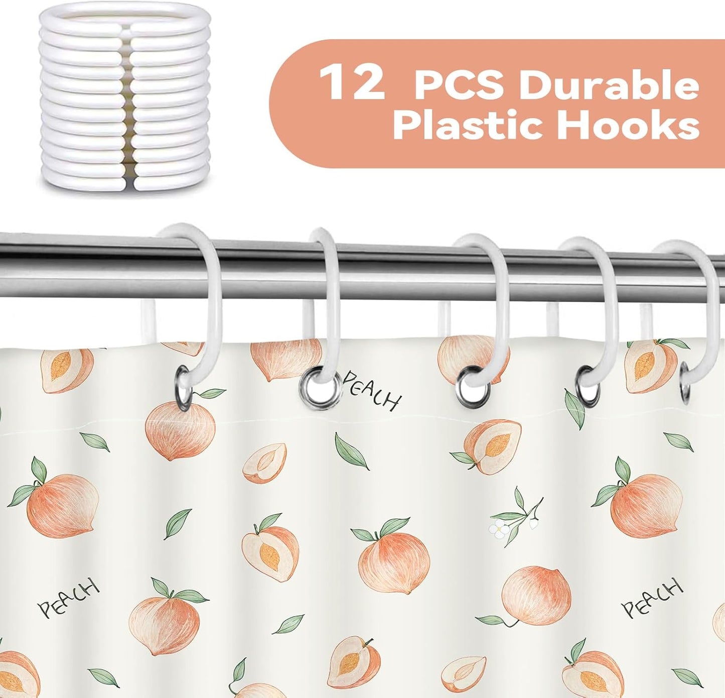 Peach Shower Curtain, Cute Allover Fruits Design 72 x 72 Inch Peachy Pink Waterproof Polyester Fabric Shower Curtain with 12 Hooks