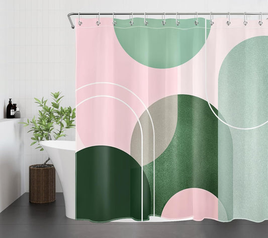 EOBTAIN Mid Century Modern Shower Curtain Pink and Green Boho Abstract Shower Curtain with Hooks Minimalist Geometric Aesthetic Washable Fabric Shower Curtains for Bathroom,72x72 Inch