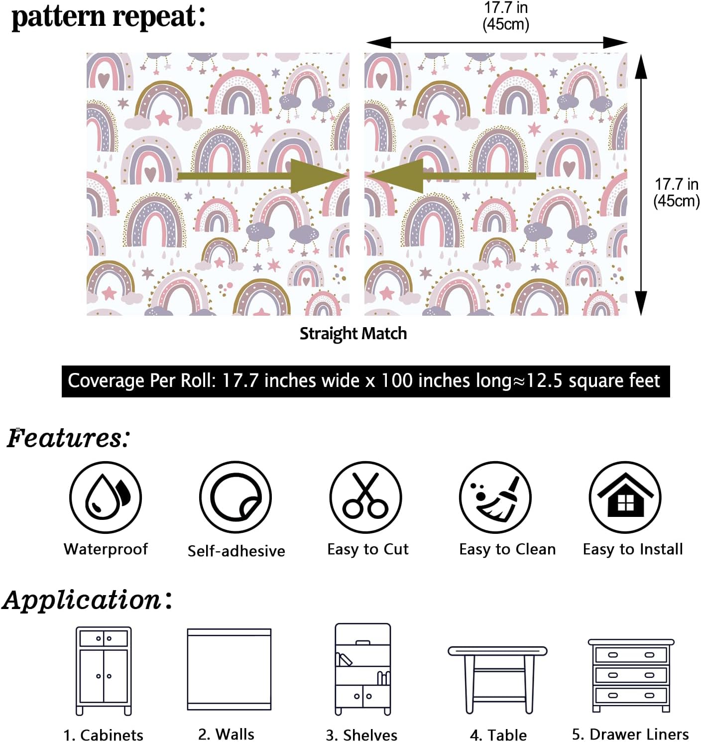 CHIHUT 17.7"x100" Pastel Rainbow Wallpaper Soft Pink Purple Blue Wall Mural with Clouds Stars Pattern Wallpaper Peel and Stick Rainbow Contact Paper for Kids Room Nursery Playroom Wall Décor