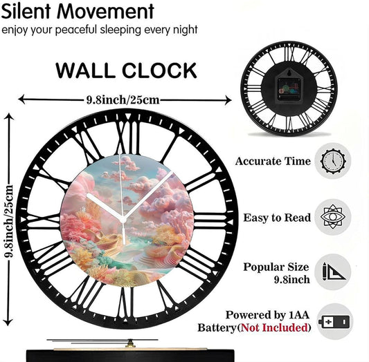 Metal Wall Clock for Living Room -10" Pastel Coral Landscape Pink Clouds Silent Non Ticking,Battery Operated, Antique Clocks for Farmhouse,Bedroom,Kitchen - Rome Numerals