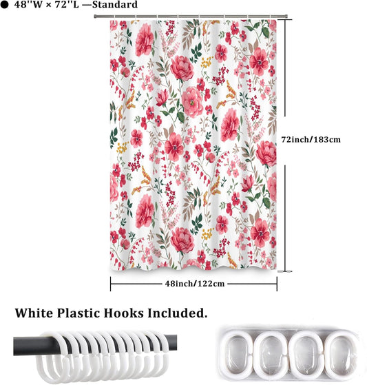 Pink Floral Shower Curtain Watercolor Plant Pattern Curtain for Bathroom Cute Pink Wildflower Grass Shower Curtain with Hooks Waterproof Fabric Decor 48x72 Inch
